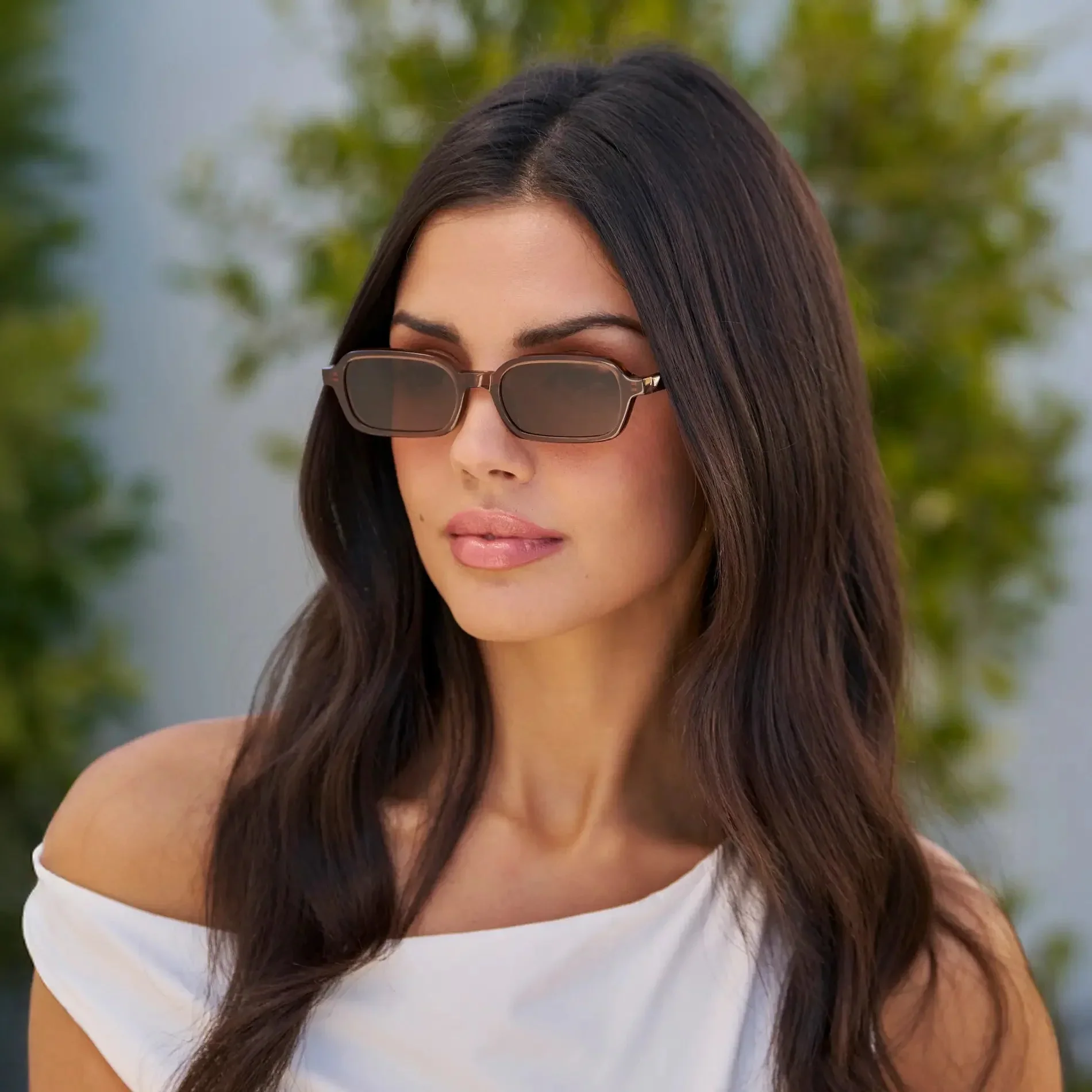 AYLA Slim Rectangular Sunglasses in Cocoa Brown by WMP Eyewear - Image 2