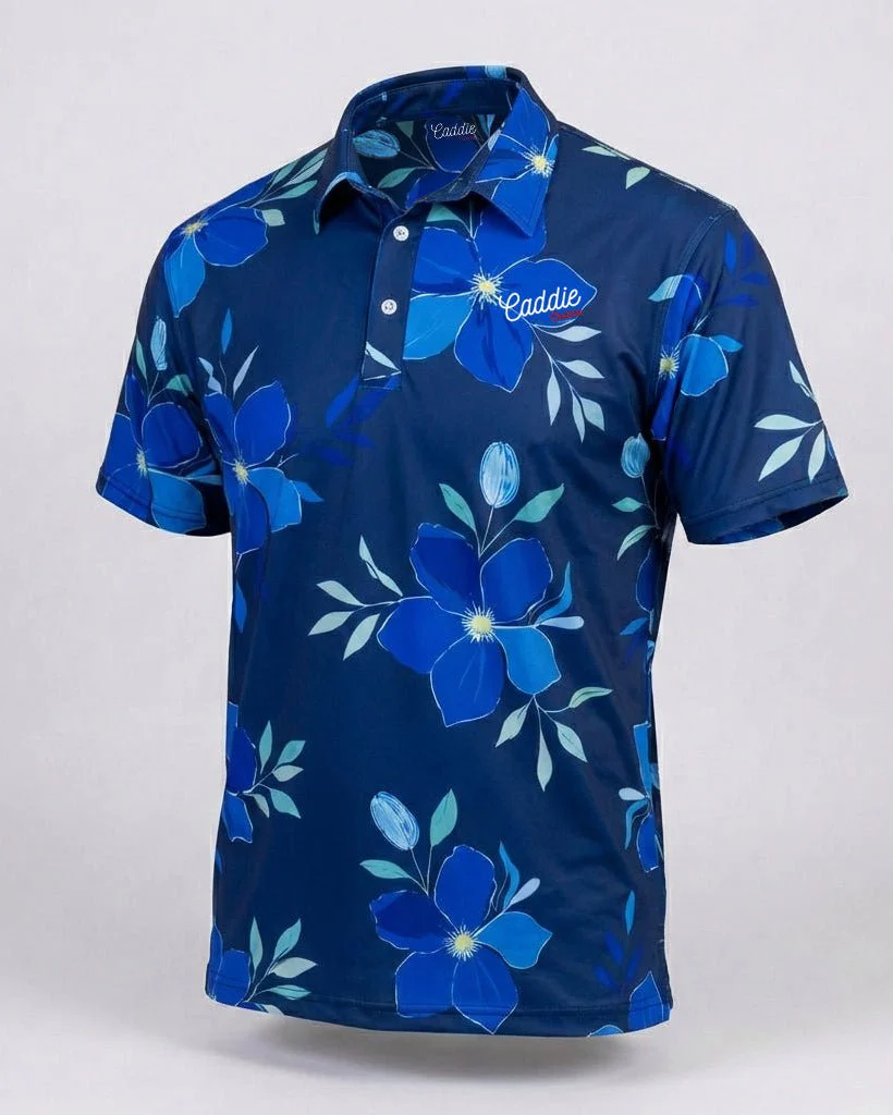 Men's Blue Floral Moisture Wicking Golf Polo Shirt