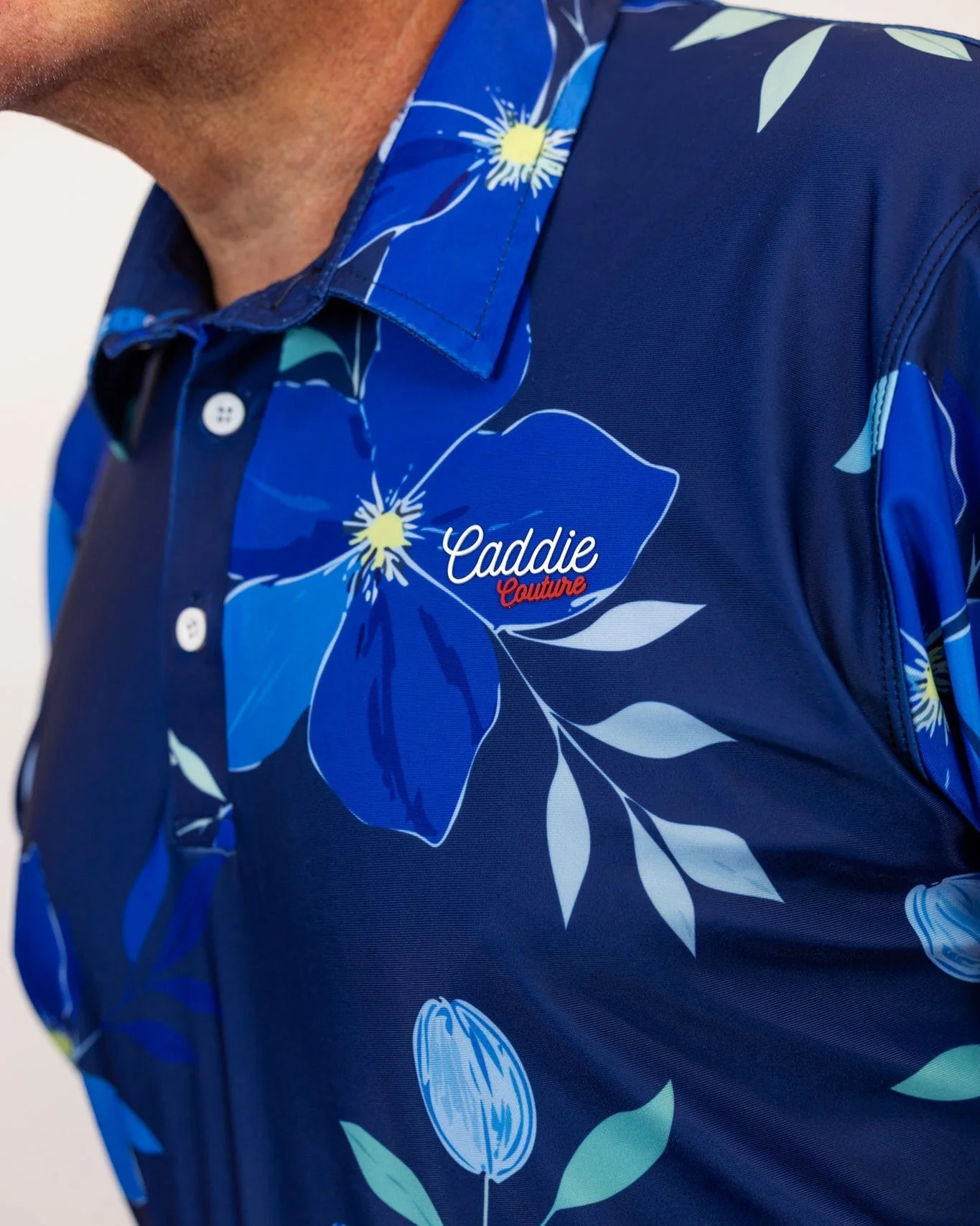 Men's Blue Floral Moisture Wicking Golf Polo Shirt - Image 5