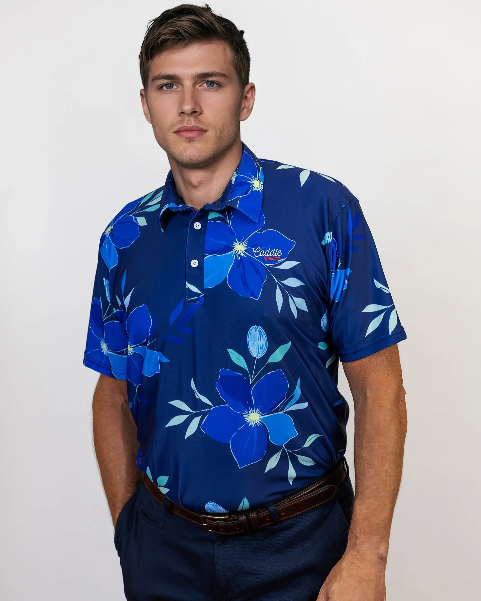 Men's Blue Floral Moisture Wicking Golf Polo Shirt - Image 8