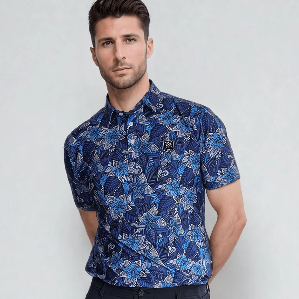 Men's Blue Floral Golf Polo, Moisture-Wicking, 4-Way Stretch