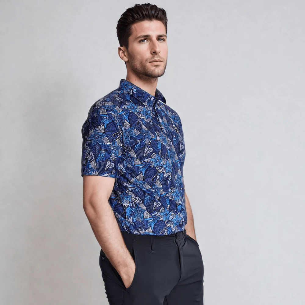 Men's Blue Floral Golf Polo, Moisture-Wicking, 4-Way Stretch - Image 4