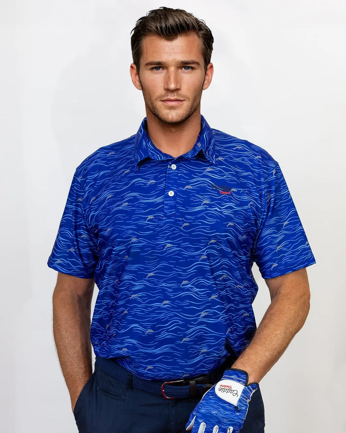 Men's Blue Wave Pattern Performance Golf Polo Shirt - Image 5