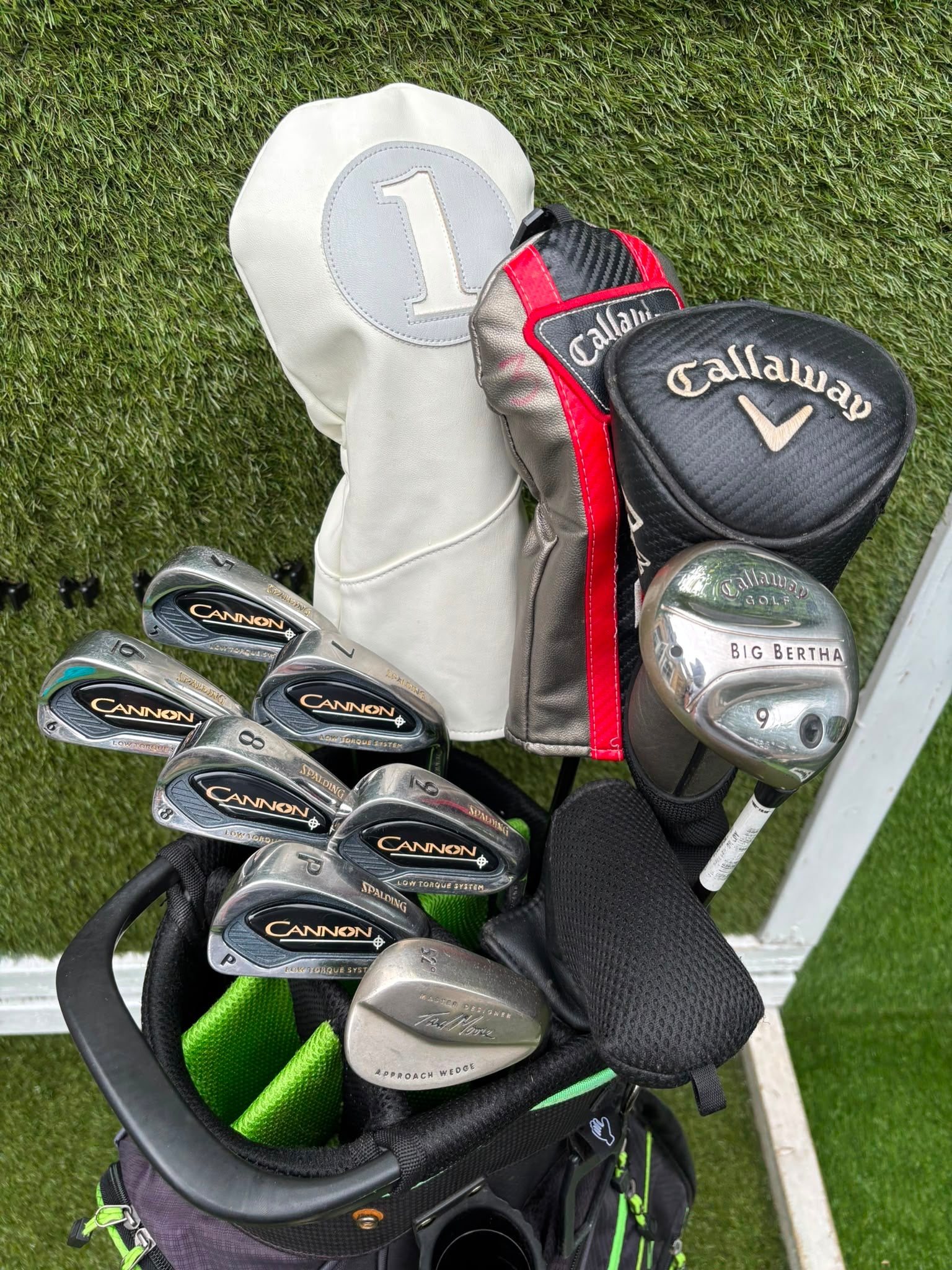 Callaway Big Bertha Woods, Spalding Cannon Irons (5–PW), Tad Moore Wedge & Caddymatic Cart Bag - Image 3