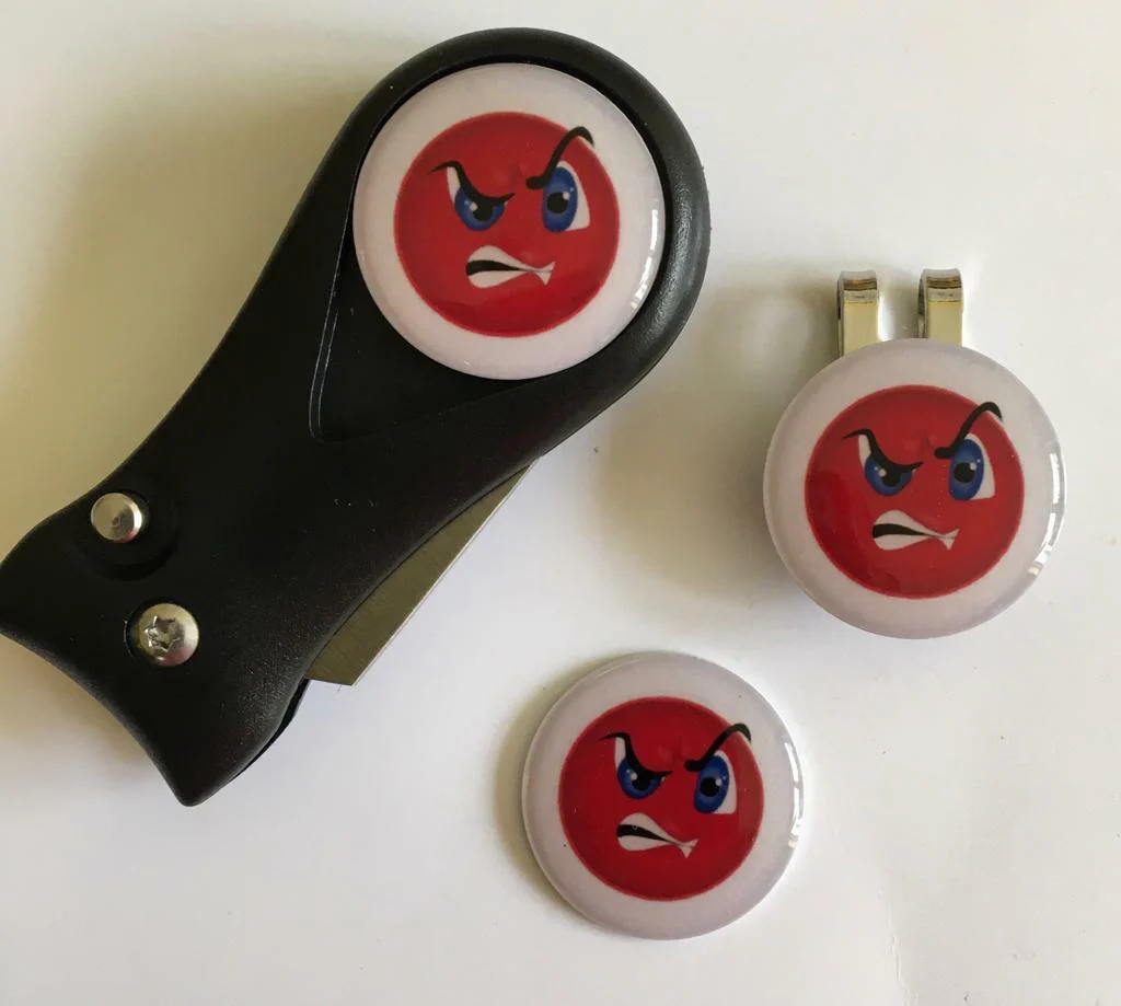 Magnetic Golf Pitchfork Hat Clip with 3 Angry Emoji Ball Markers