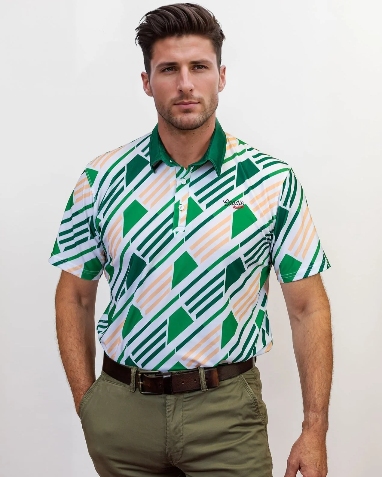 Green Geometric Performance Golf Polo Shirt, Moisture-Wicking - Image 6