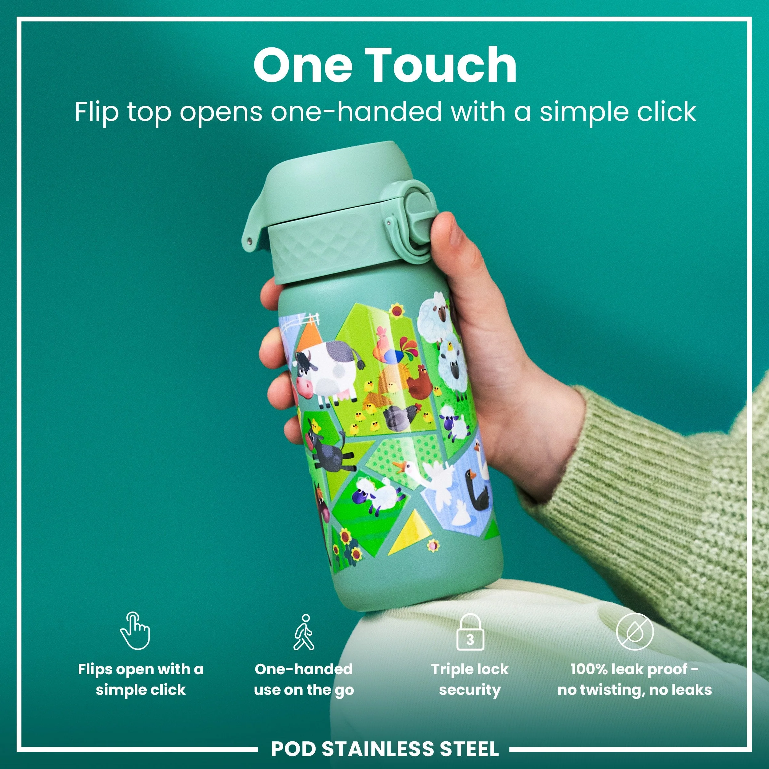 Leak Proof Kids Water Bottle, Stainless Steel, Farming Animals, 400ml (13oz) - Image 3