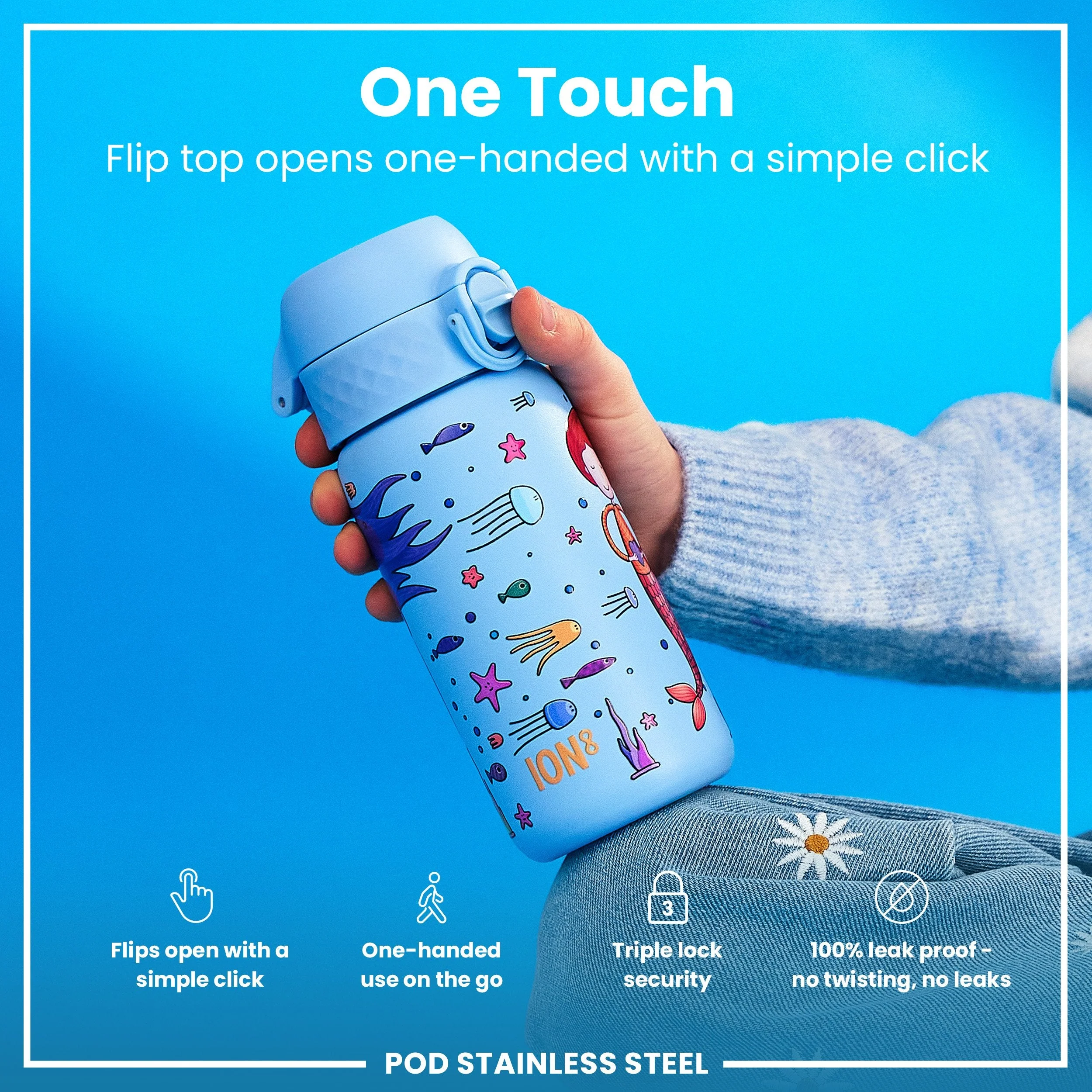 Leak Proof Kids Water Bottle, Stainless Steel, Mermaids, 400ml (13oz) - Image 3