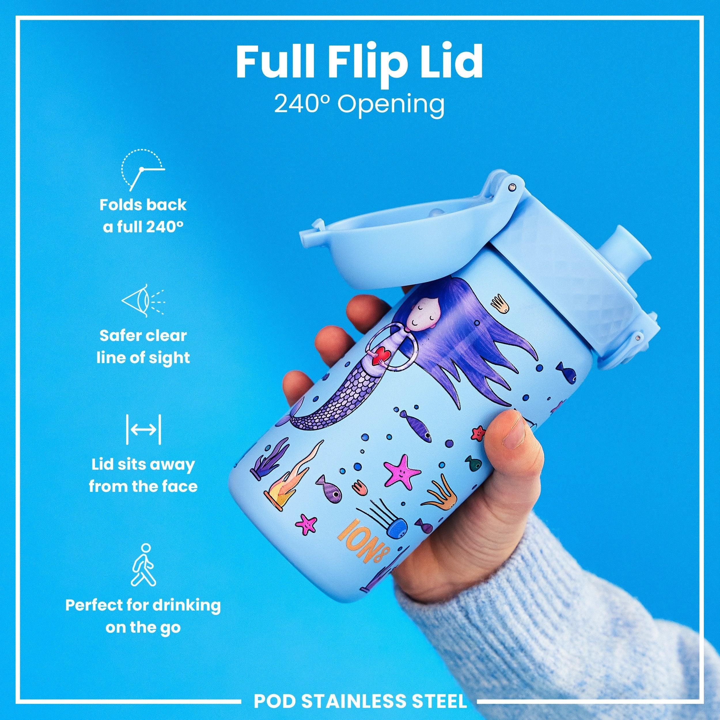 Leak Proof Kids Water Bottle, Stainless Steel, Mermaids, 400ml (13oz) - Image 4
