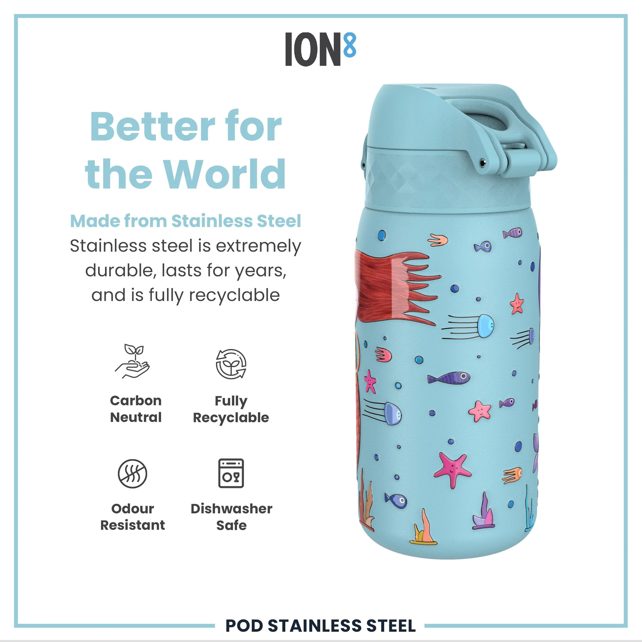 Leak Proof Kids Water Bottle, Stainless Steel, Mermaids, 400ml (13oz) - Image 5