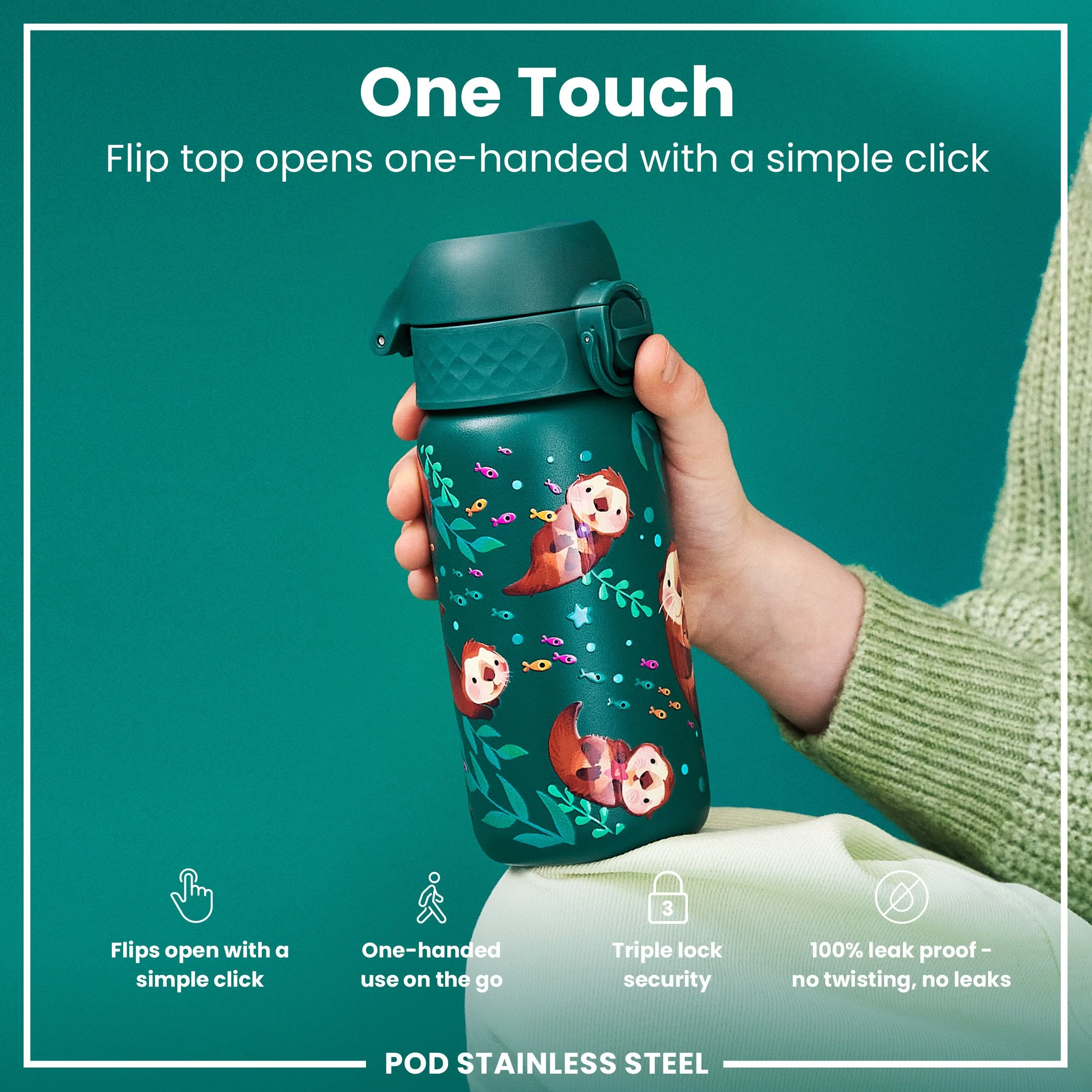Leak Proof Kids Water Bottle, Stainless Steel, Otters, 400ml (13oz) - Image 3