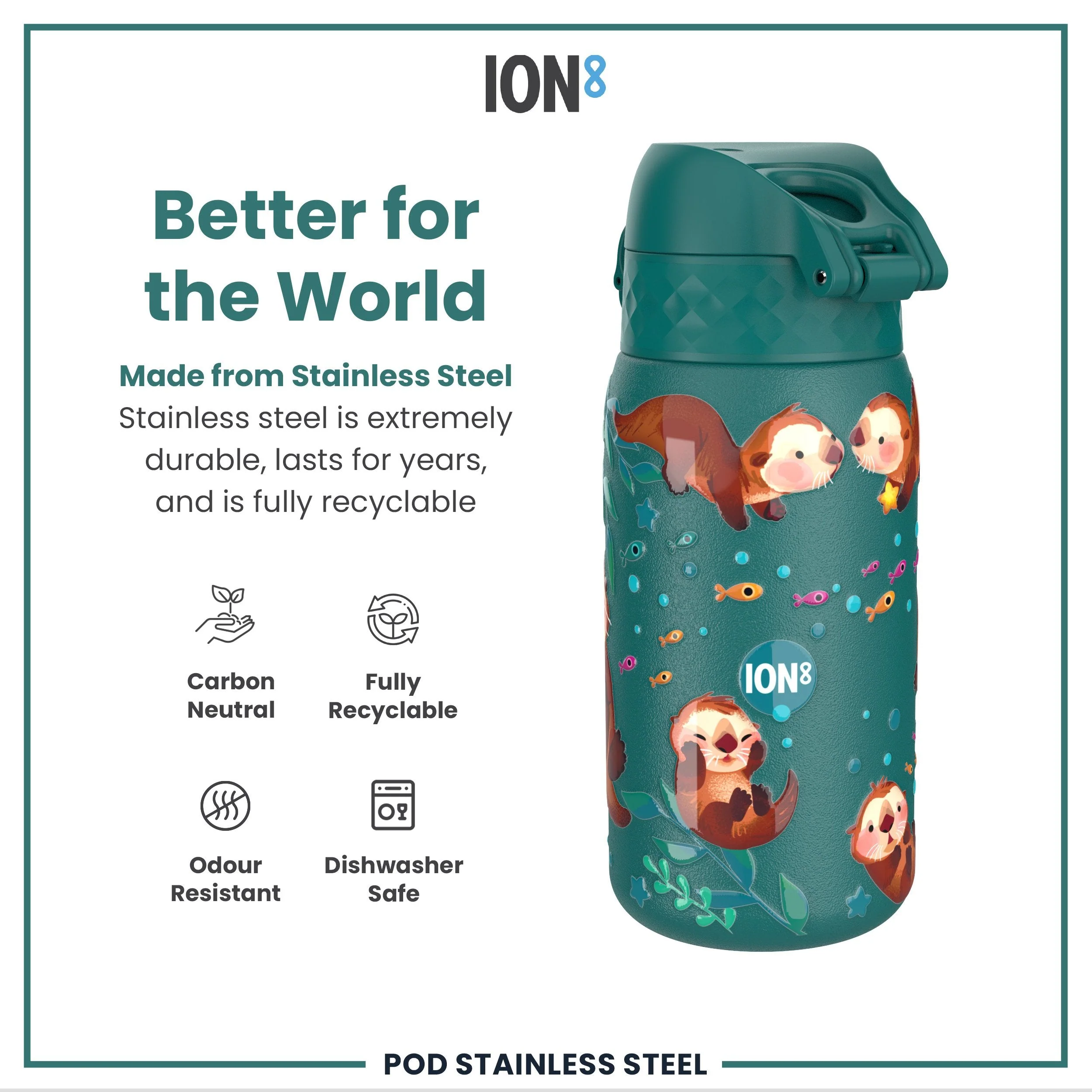Leak Proof Kids Water Bottle, Stainless Steel, Otters, 400ml (13oz) - Image 5
