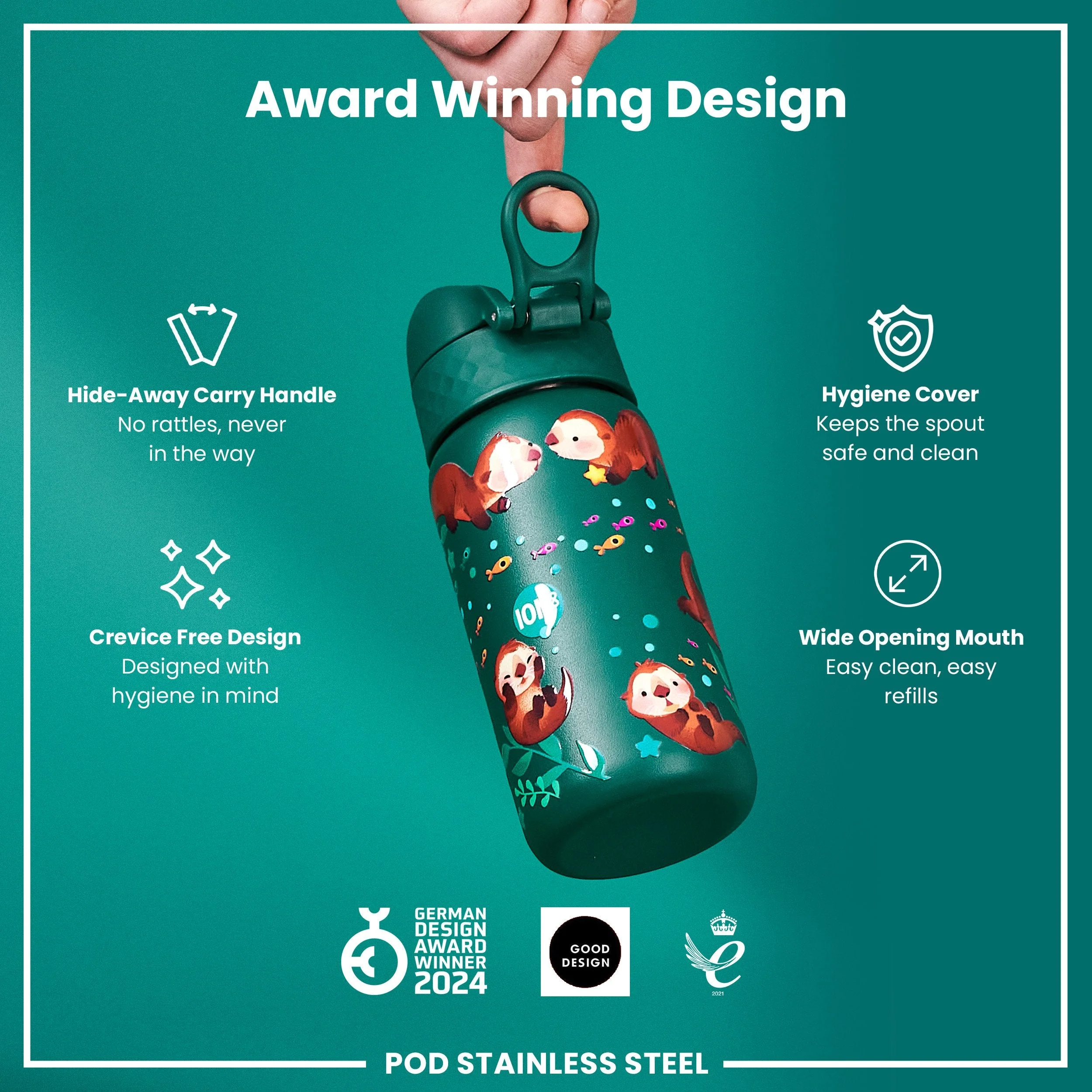 Leak Proof Kids Water Bottle, Stainless Steel, Otters, 400ml (13oz) - Image 6