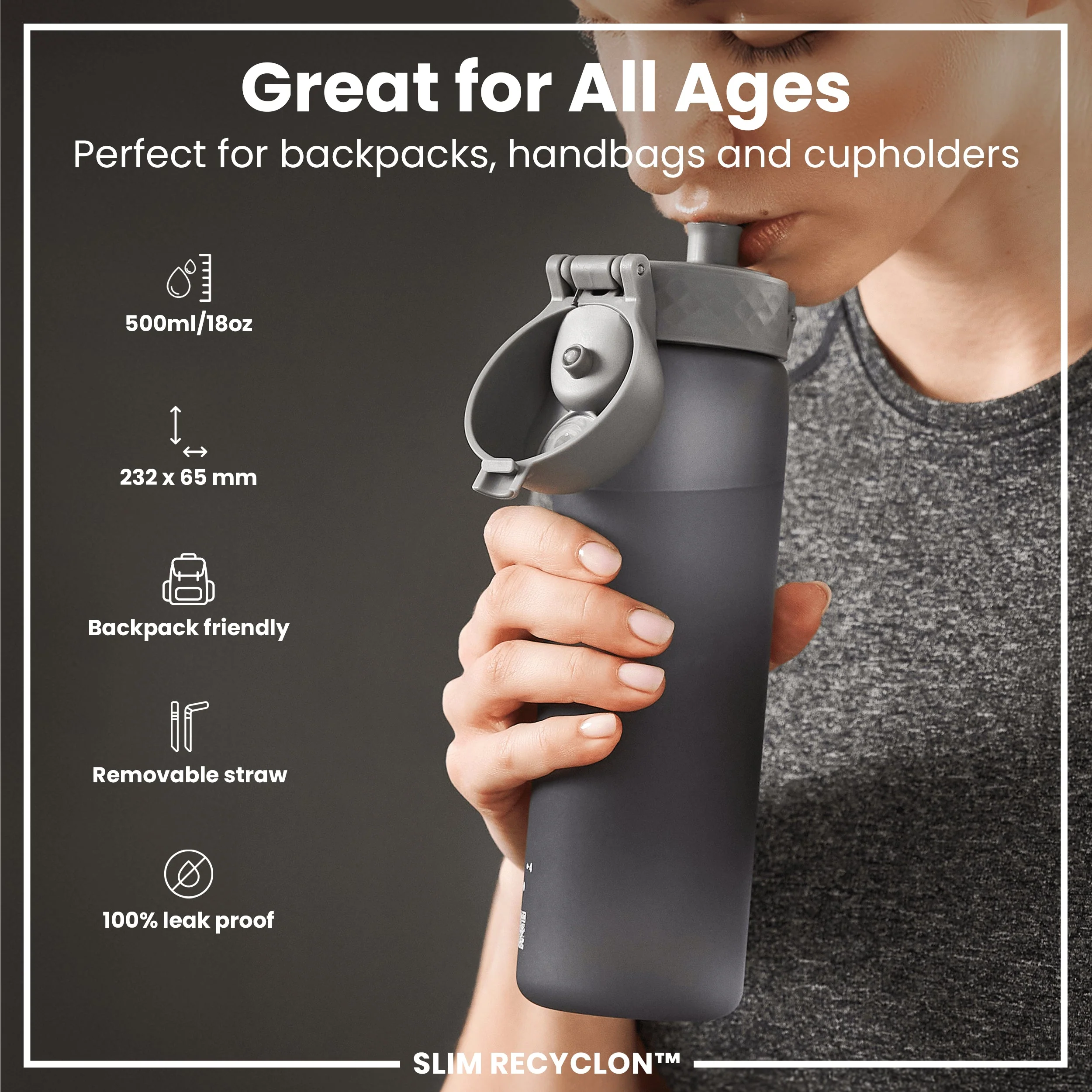 Leak Proof Medium Water Bottle with Straw, Recyclon, Grey, 500ml (18oz) - Image 2