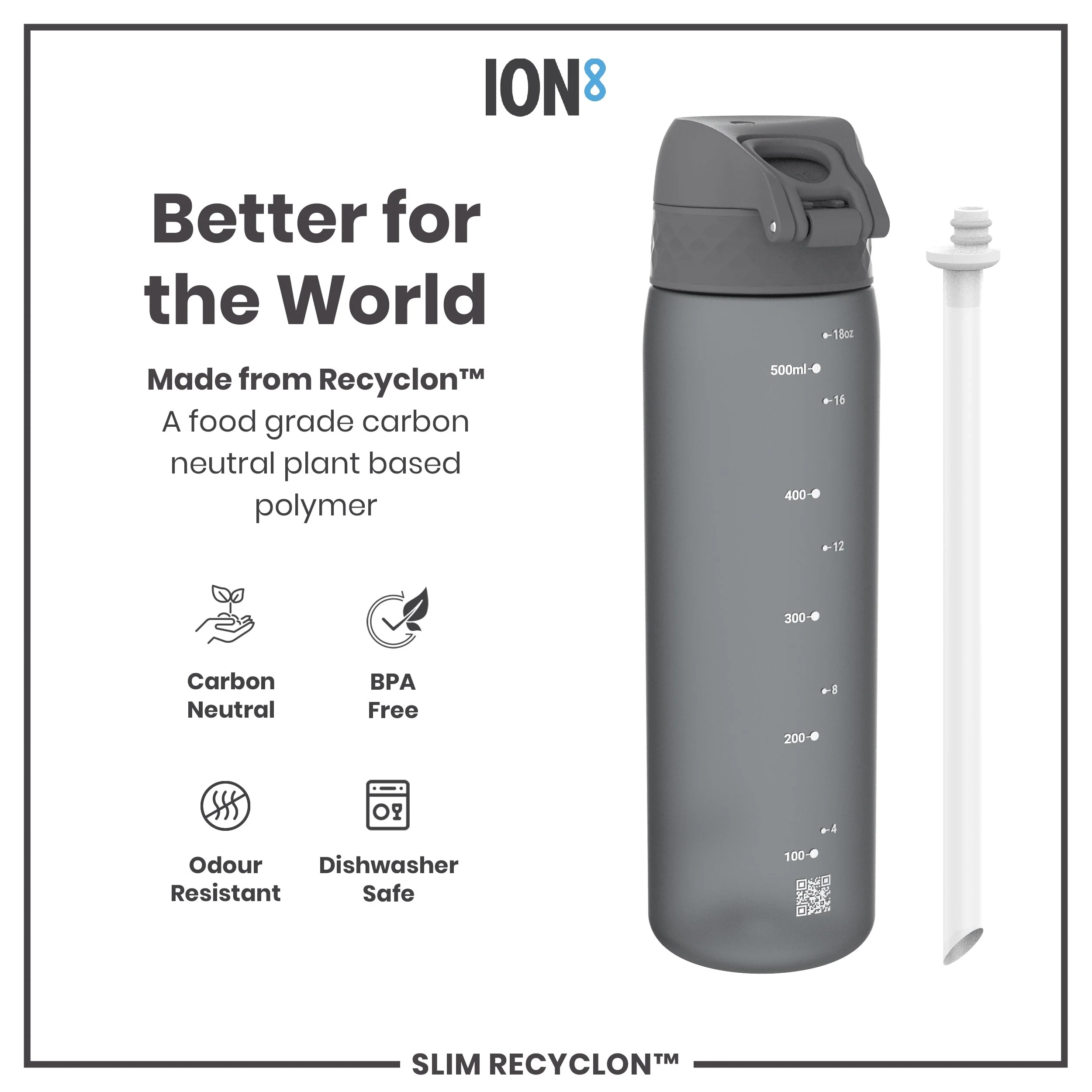 Leak Proof Medium Water Bottle with Straw, Recyclon, Grey, 500ml (18oz) - Image 5