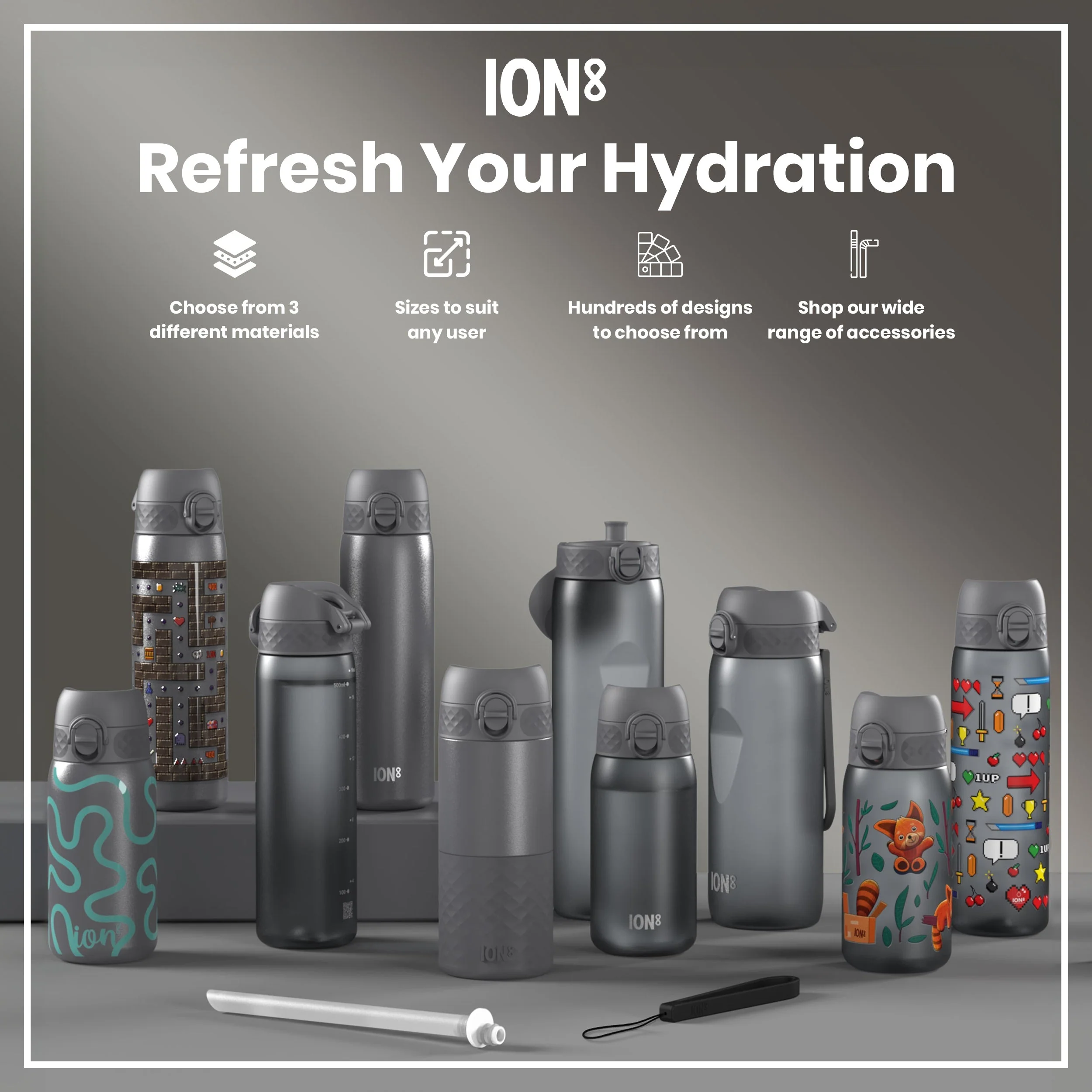 Leak Proof Medium Water Bottle with Straw, Recyclon, Grey, 500ml (18oz) - Image 7