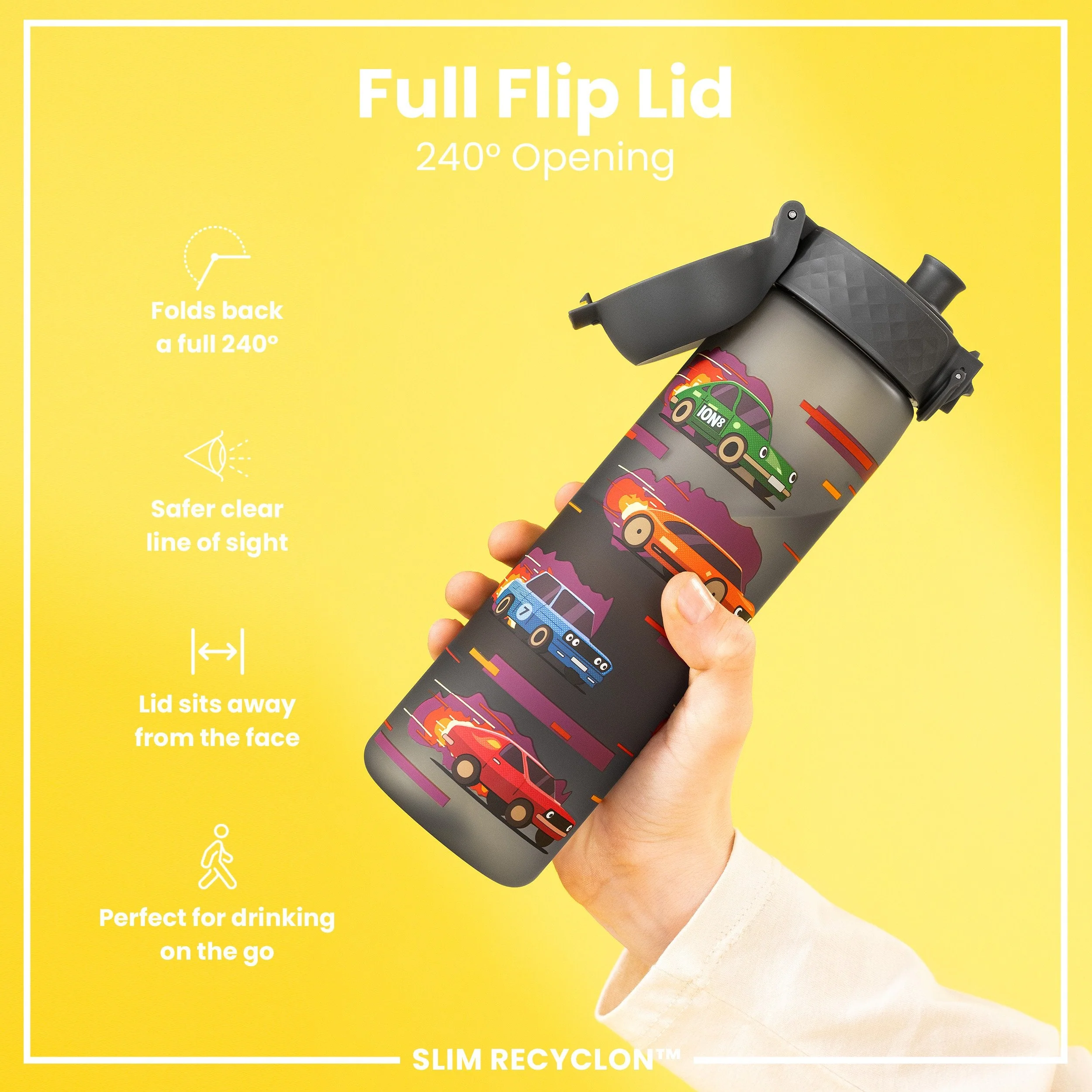 Leak Proof Slim Water Bottle, Recyclon, Sport Cars, 500ml (18oz) - Image 4