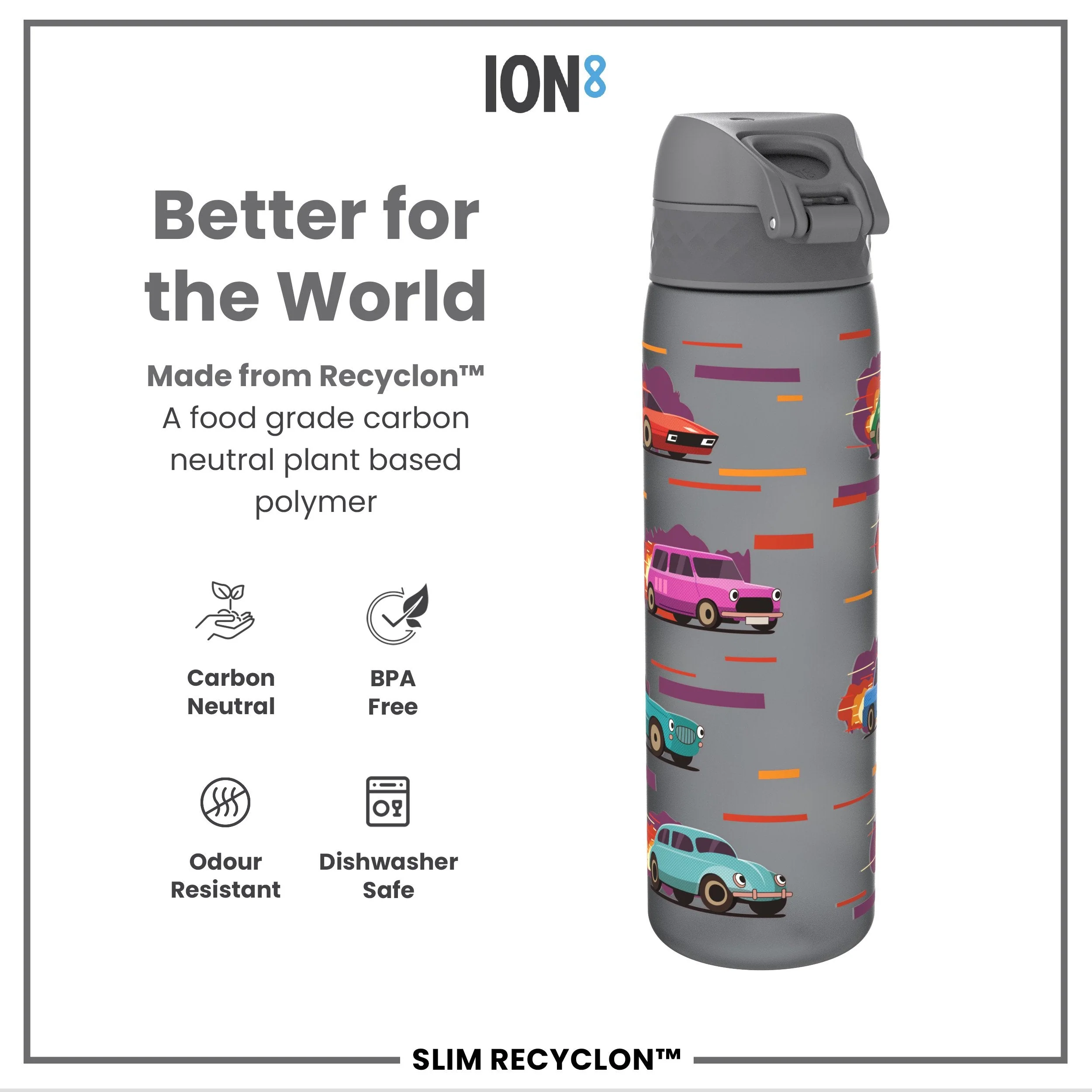 Leak Proof Slim Water Bottle, Recyclon, Sport Cars, 500ml (18oz) - Image 5