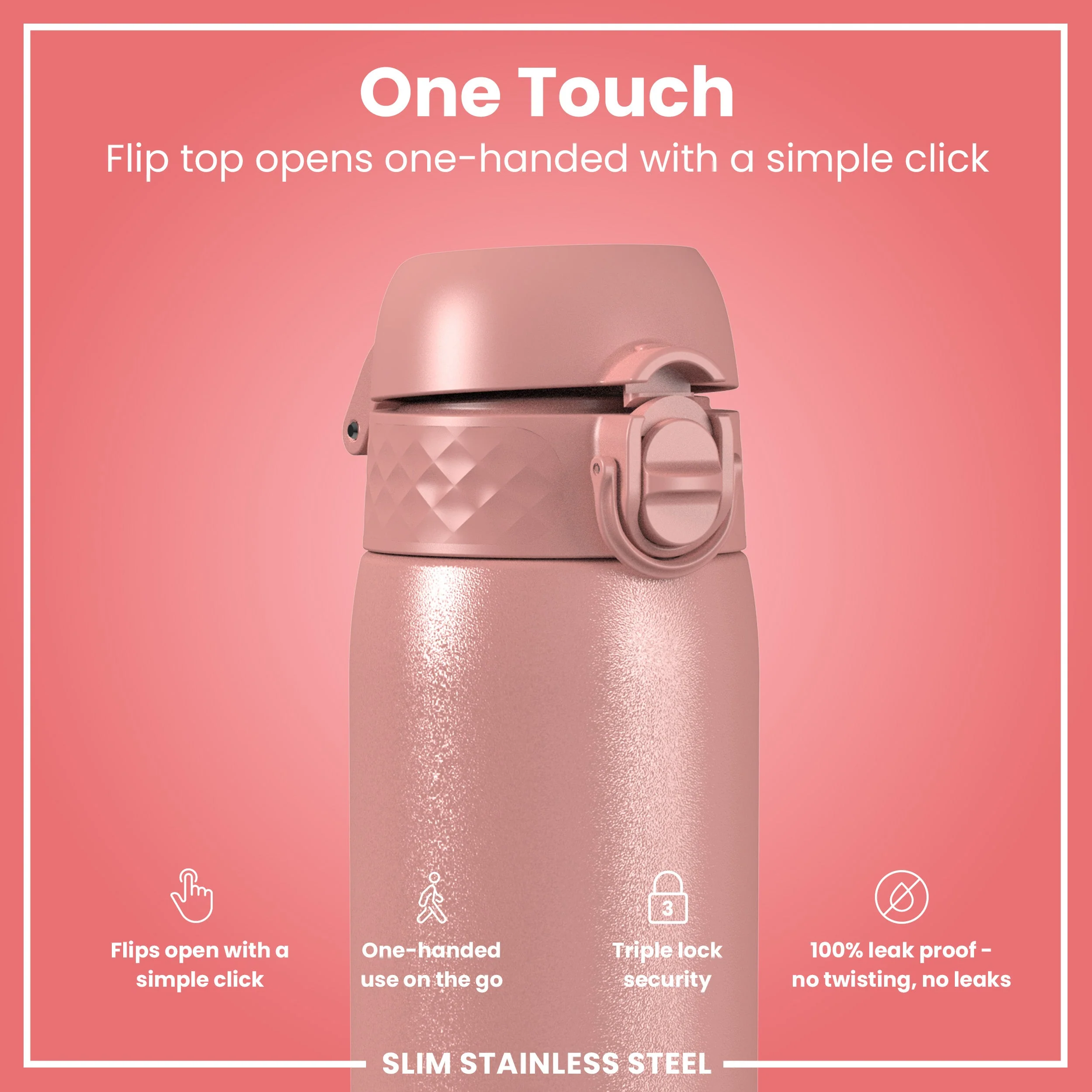Leak Proof Slim Water Bottle, Stainless Steel, Ash Rose, 600ml (20oz) - Image 3