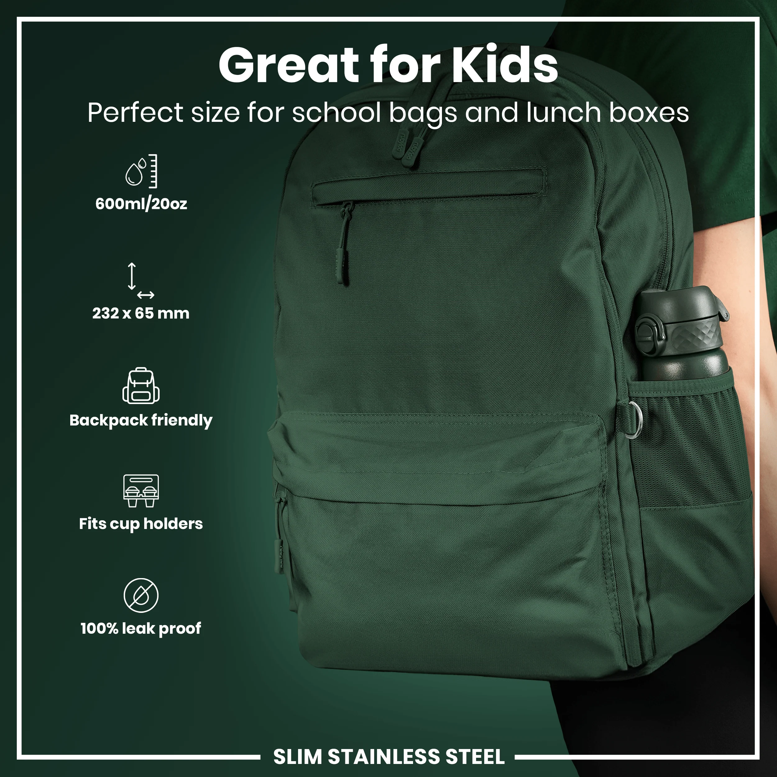 Leak Proof Slim Water Bottle, Stainless Steel, Dark Green, 600ml (20oz) - Image 2