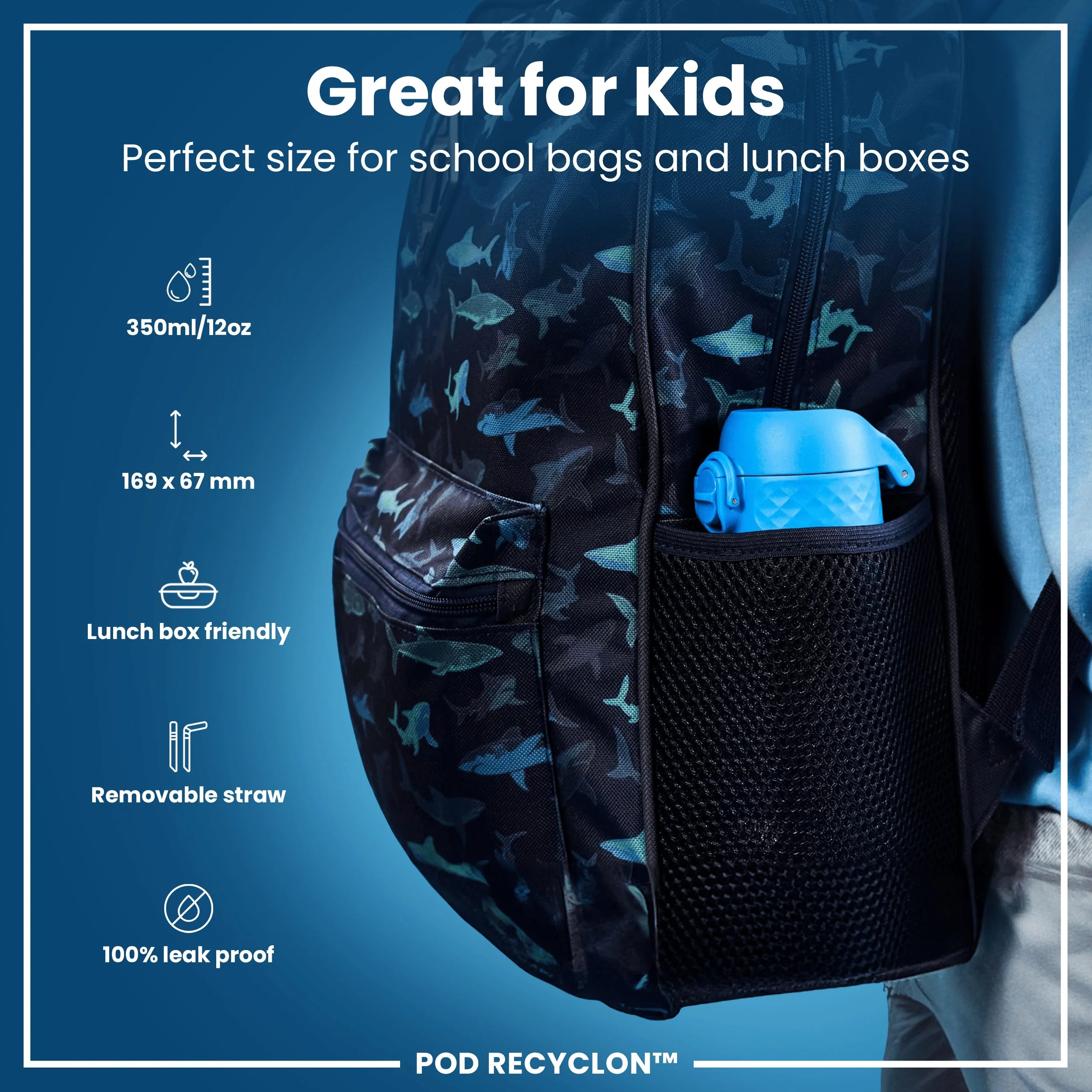 Leak Proof Small Water Bottle With Straw, Recyclon, Blue, 350ml (12oz) - Image 2