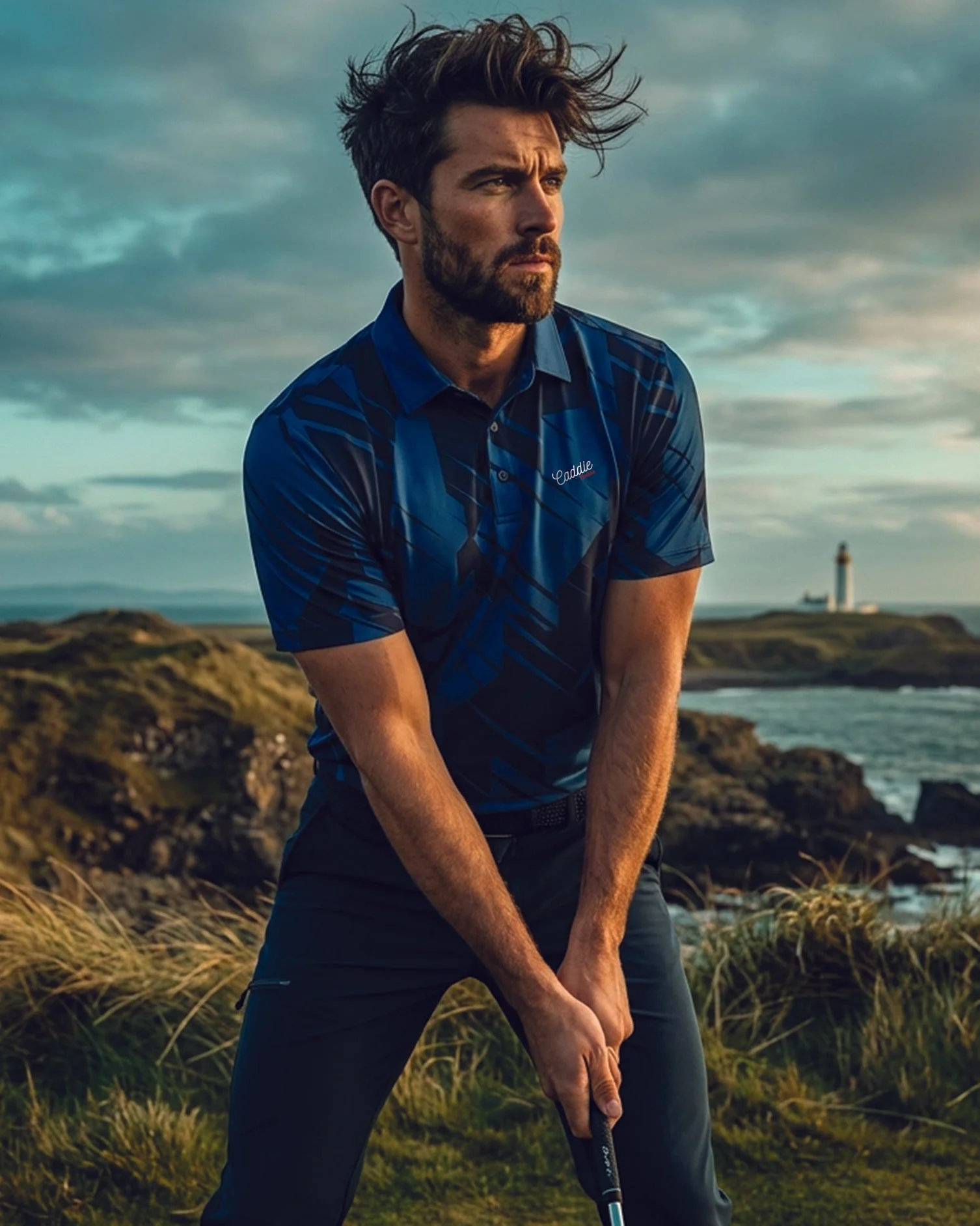 Men's Navy Geometric Performance Golf Polo – Athletic Fit - Image 2