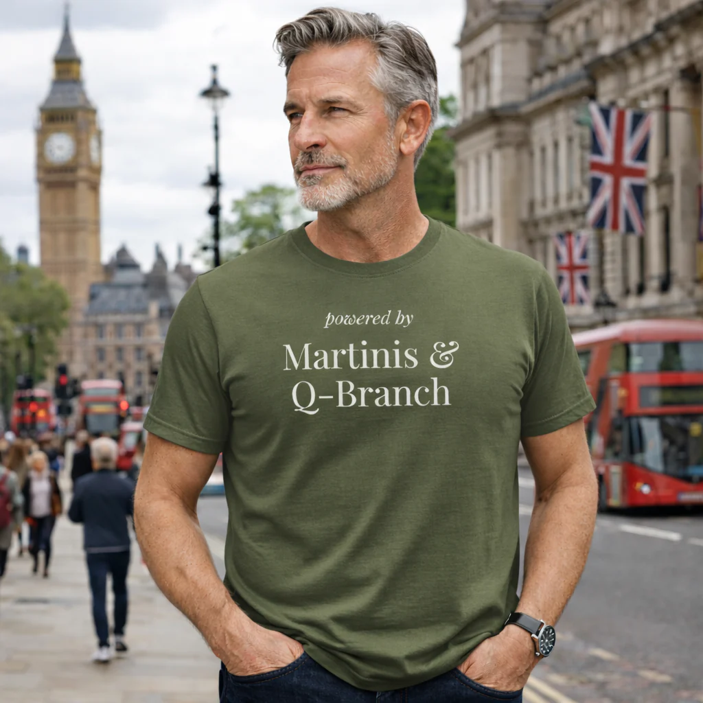 Powered by Martinis and Q-Branch T-Shirt - Image 4