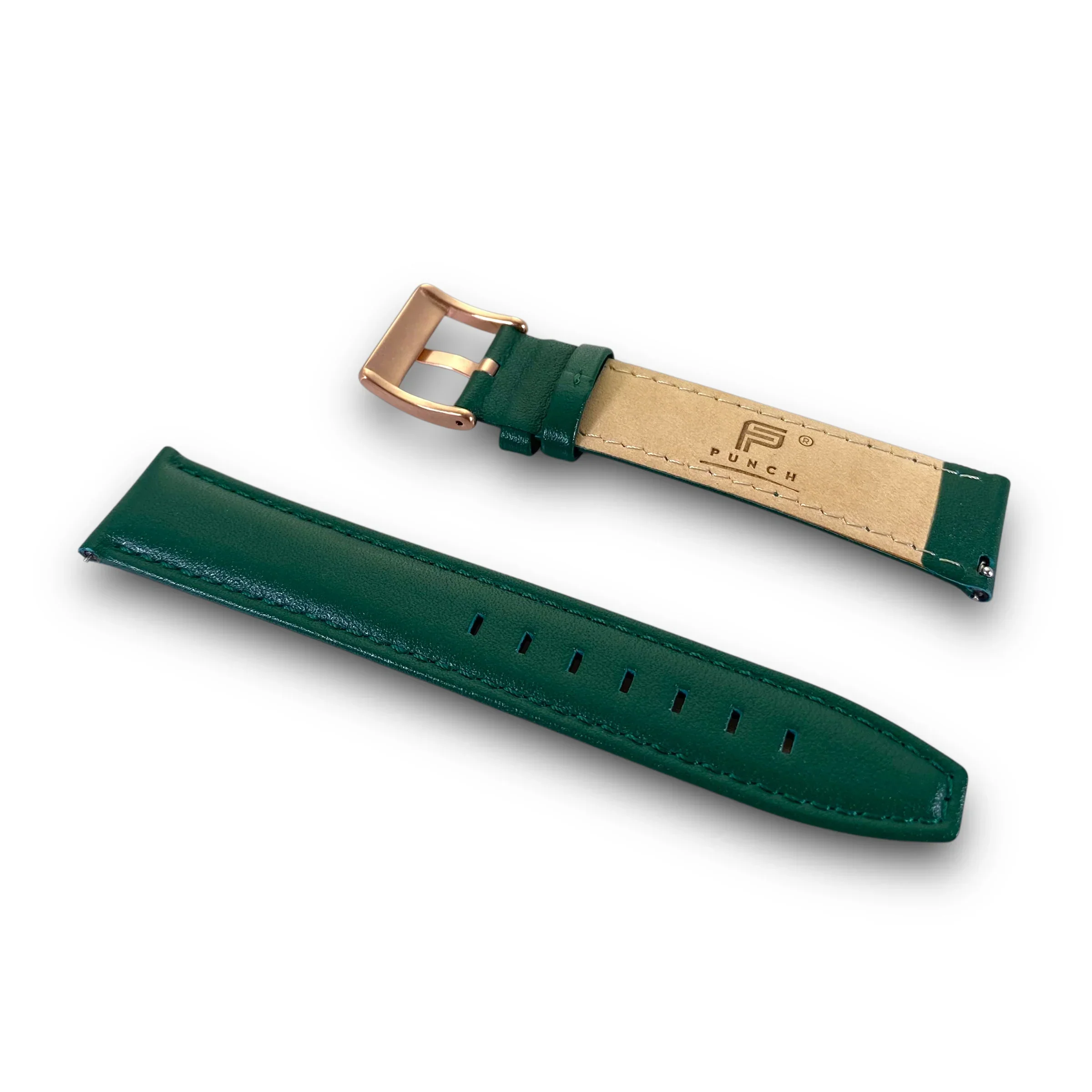 20mm Green Leather Watch Strap, Rose Gold Quick Release - Image 2