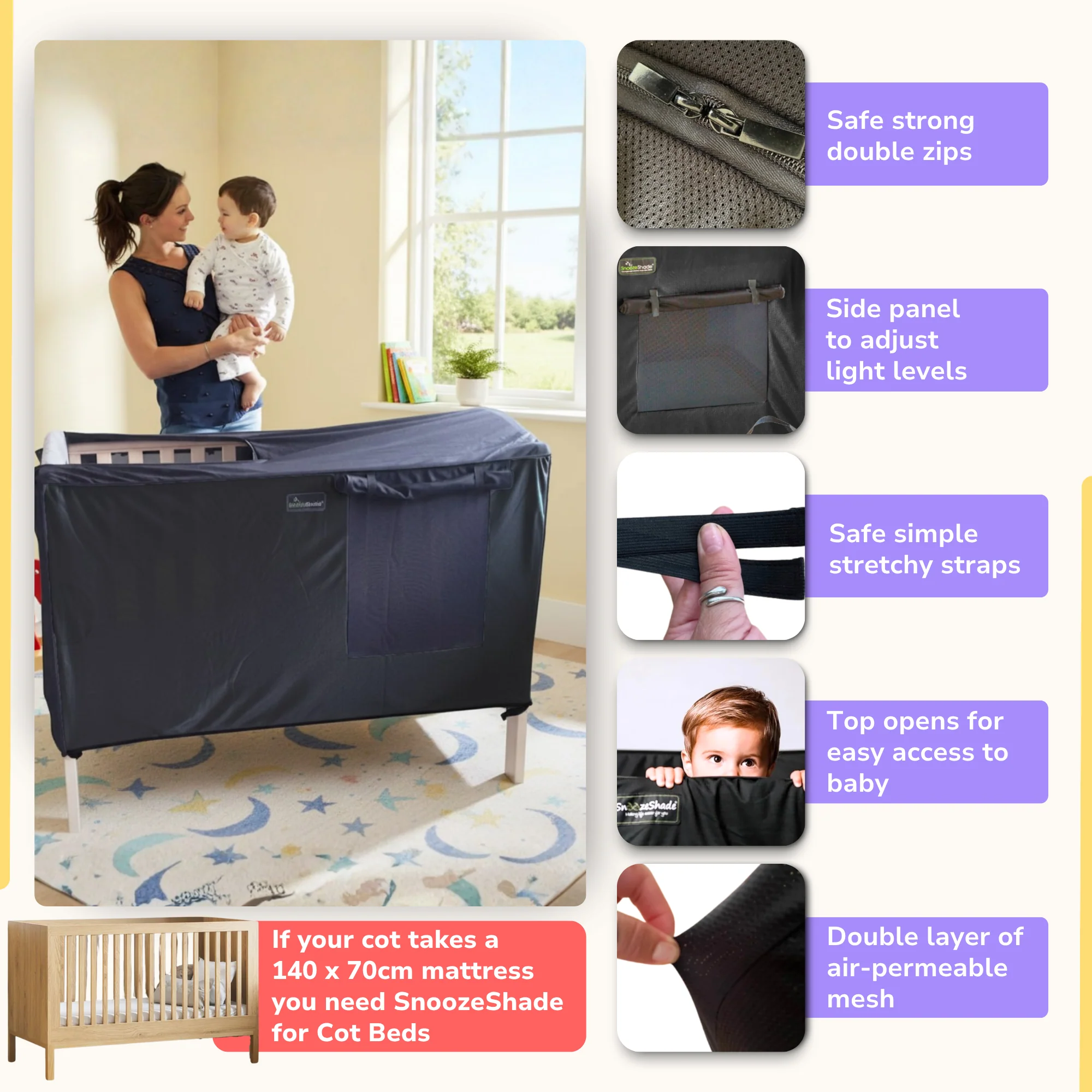 SnoozeShade for Cots: blackout sleep shade for cots (120 x 60 cm mattress) - Image 2
