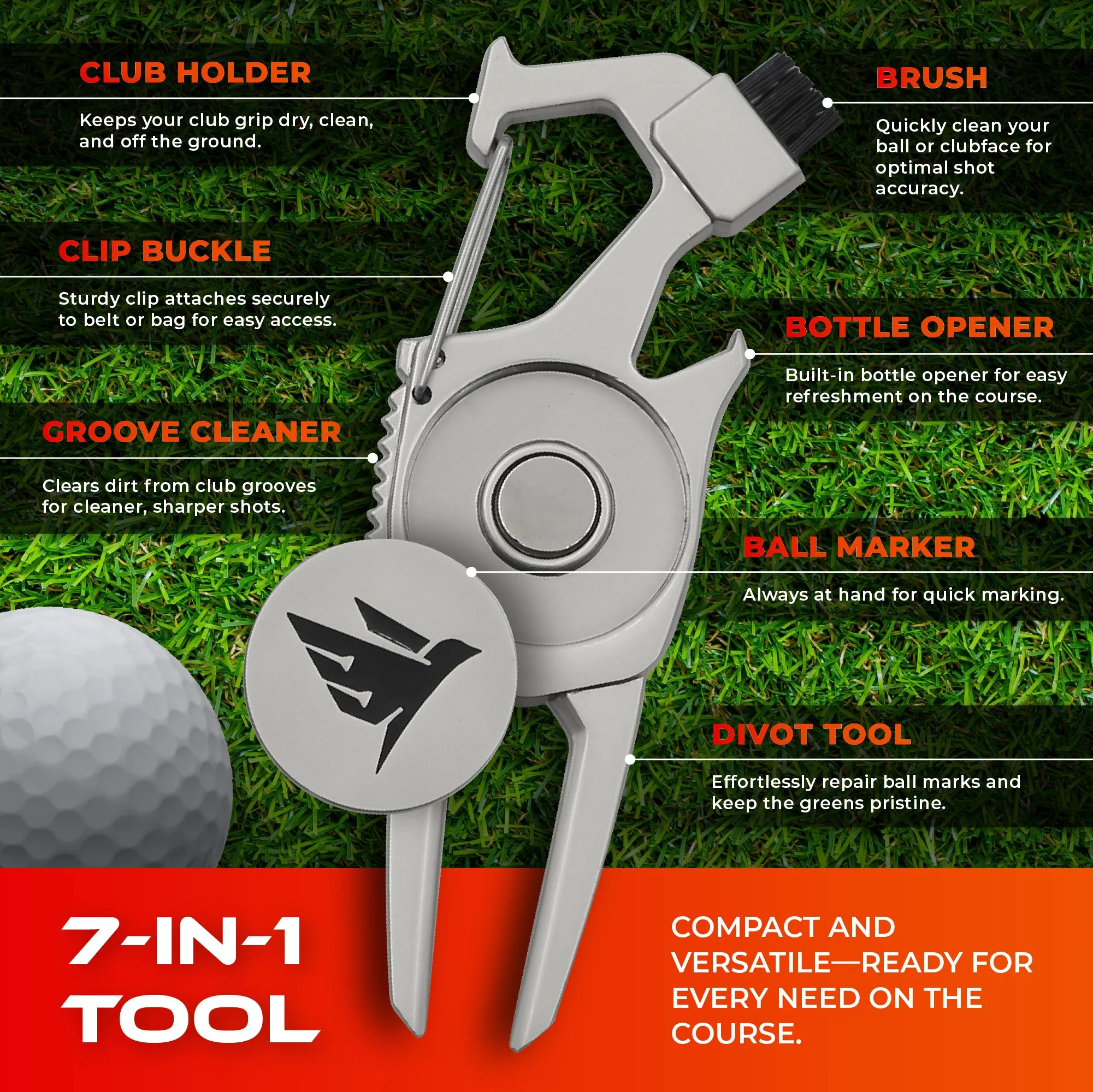 SWIFTEE Golf Divot Pitch Mark Repair Tool 7-in-1 Pearl Silver - Club Holder, Brush, Clip Buckle, Groove Cleaner, Bottle Opener, Ball Marker, Divot Tool - Gift Box Included - Image 7