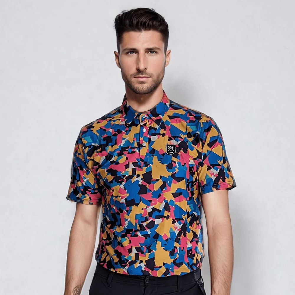 Geometric Pattern Golf Polo Shirt – 4-Way Stretch, Breathable