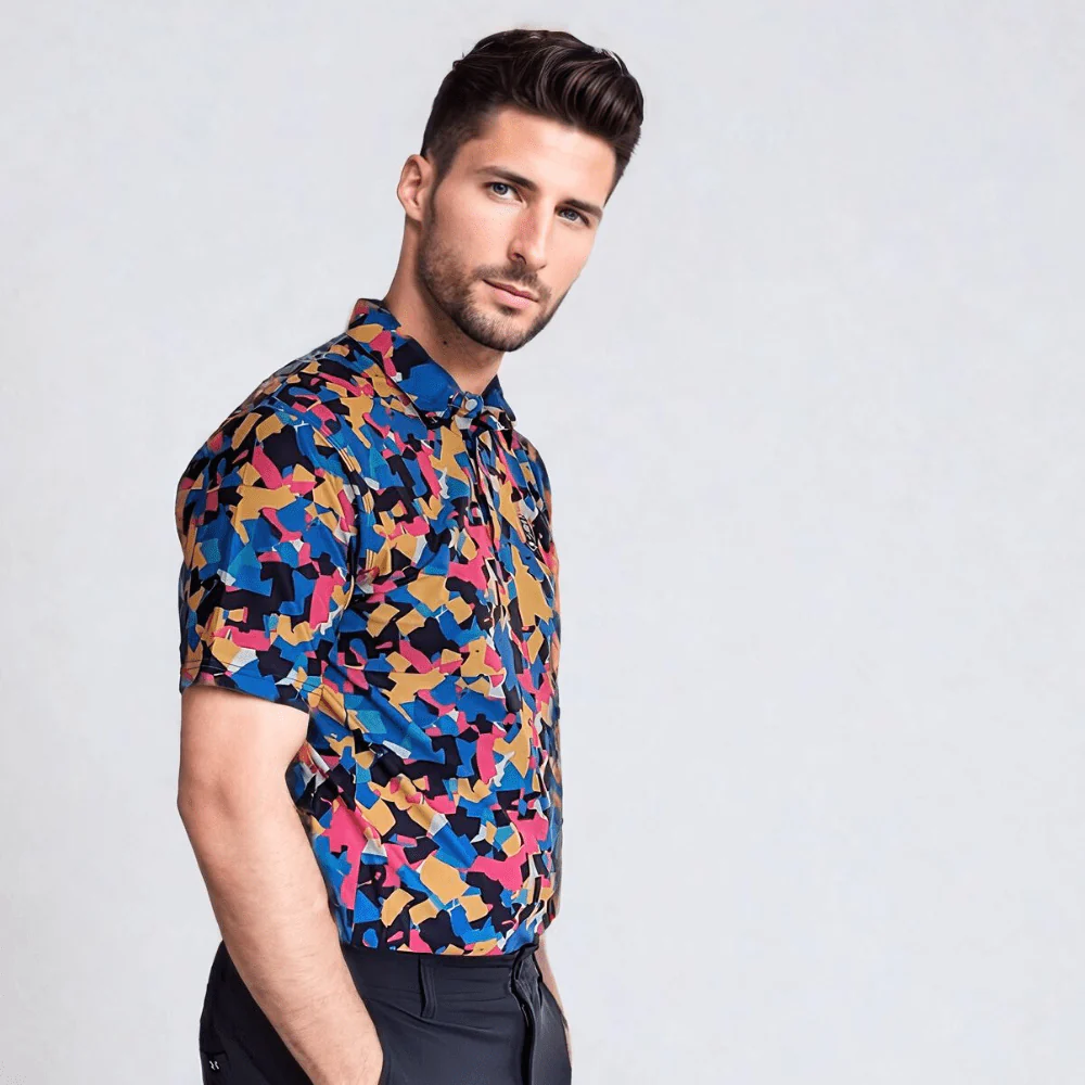 Geometric Pattern Golf Polo Shirt – 4-Way Stretch, Breathable - Image 4